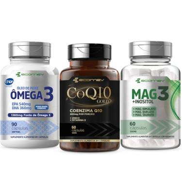 Imagem de Kit Coenzima Q10 GOLD + Mag3 Dimalato Quelato Taurato inositol + Omega 3 Ultra 1360Mg Epa Dha Cert. Pureza IFOS 210 Cáps