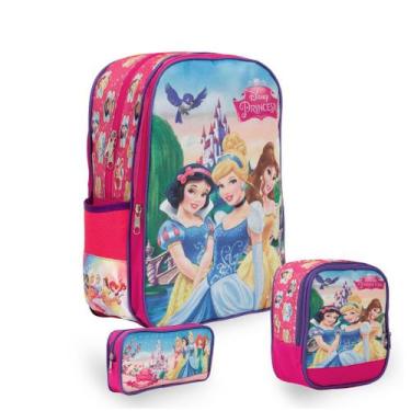 Imagem de Kit Mochila Infantil Menina Princesas Tam G Costas Reforçada - Toys 2U