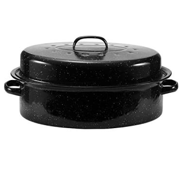Imagem de JY COOKMENT Assadeira de granito, assadeira esmaltada de 45 cm com tampa abobadada. Torrador de peru oval, ótimo para frango, cordeiro, vegetais. Utensílios de cozinha adequados para lava-louças