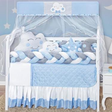 Imagem de Kit enxoval de berço 12 peças nuvem estampada com 2 tranças e saia box