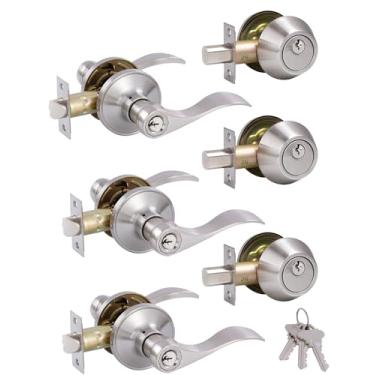 Imagem de GITRANG Conjunto de fechadura de maçaneta de porta frontal com chave semelhante com cilindro único, alavanca estilo onda, maçaneta da porta da frente/porta externa com trava e fecho, acabamento em