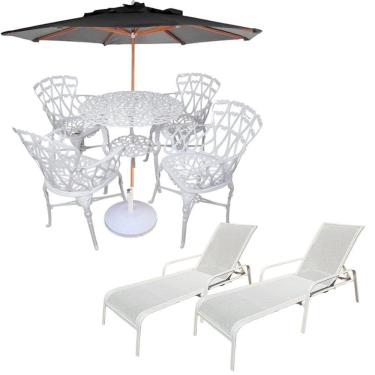 Imagem de Conjunto Com Mesa Ripada + 4 Cadeiras De Jardim E Piscina + Ombrelone Com Base Preto