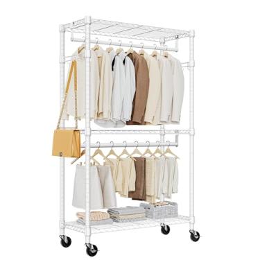 Imagem de MZG Suporte de roupas com rodinhas resistente, 3 camadas, prateleira, arame, ajustável, com 2 hastes e ganchos laterais, armário de armazenamento com rodas, branco, 39,9 cm P x 75 cm L x 189,2 cm A