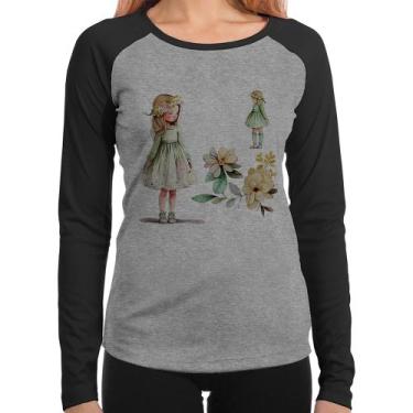 Imagem de Baby Look Raglan Meninas e Flores Manga Longa - Foca na Moda, Cinza, P