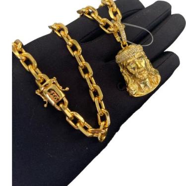 Imagem de Cordão Cadeado 8mm + Pingente Face De Jesus - Banhado a Ouro - ToJoia1