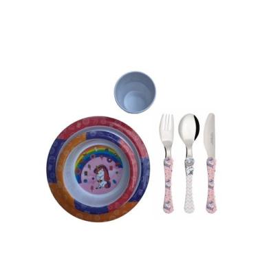 Imagem de Conjunto Unicornio 4 peças, pratos, copo Talheres NT - TUUT