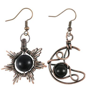 Imagem de Nupuyai Brincos femininos com pingente de cristal gótico boho de sol e lua, fio de cobre assimétrico, sol, lua, pedra, Cobre Cobre Obsidiana preta, Pedra de cristal obsidiana preta