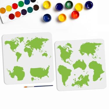 Imagem de MAYJOYDIY 2 peças, estêncil de mapa-múndi globo estêncil decalque de mapa 11,8 × 11,20 cm com pincel de tinta, estênceis reutilizáveis de viagem pelo mundo para projetos de arte, paredes, móveis,
