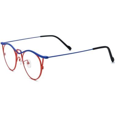 Imagem de FONEX Armação de óculos de titânio puro colorido feminino retrô redondo F85782, F85846 Azul, 48-22-145