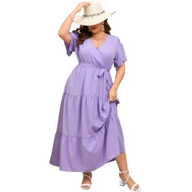 Imagem de KOJOOIN Vestido longo feminino plus size com decote em V, cintura alta, babados, manga curta, vestido casual de verão com cinto, Roxo claro, GG