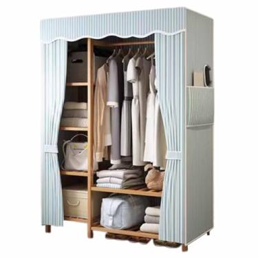 Imagem de Guarda-roupa Novo armário de guarda-roupa duplo reforçado engrossado madeira maciça pendurado guarda-roupa borla listra azul oxford pano tecido armário armário