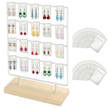 Imagem de Kvittra Suporte de exibição de brincos para venda, suporte de exibição de brincos de madeira, 4 níveis de 20 ganchos, expositor de joias para venda com 40 peças de cartões de brinco, pulseiras, anéis,