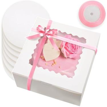 Imagem de Bakepacker 36 unidades de caixas de bolo de 8x8x5 polegadas com janela Caixas de padaria de 8 polegadas Caixas de bolo brancas de 18 pacotes (18 caixas de bolo + 18 placas de bolo + fita de