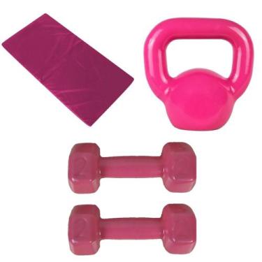 Imagem de Kit Colchonete Rosa + Par de Halter Sextavado Rosa 2Kg + Kettlebell Ro