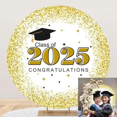 Imagem de OERJU Capa de fundo redonda de formatura 1,8 x 1,8 m Class of 2024 pano de fundo redondo branco e dourado decoração de festa de formatura capa de pano de fundo círculo parabéns graduados cabine de