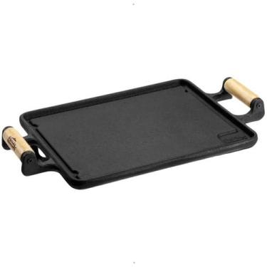 Imagem de Chapa de Ferro Fundido Lisa Retangular 25x46cm com Alça de Madeira Pan