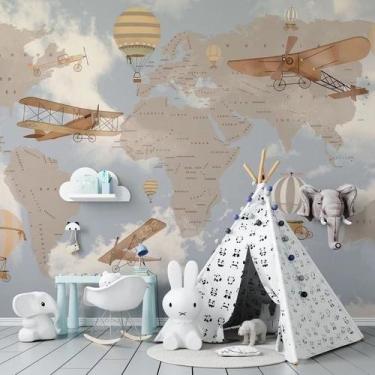 Imagem de Papel De Parede Infantil De Mapa Mundi Bege Com Nuvens - AloPapers, 2,