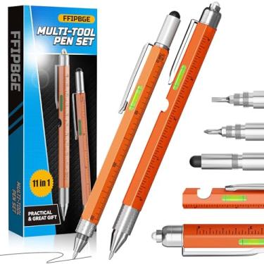 Imagem de FFIPBGE Conjunto de 2 canetas multiferramentas, presentes para homens, canetas multiferramentas 9 em 1 com luz LED, régua, nível, chave de fenda, caneta, cabeça chata, meias para homens, pai, marido,