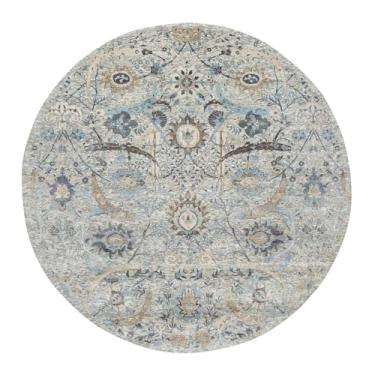 Imagem de Shahbanu Rugs Tapete oriental redondo branco de seda atada à mão com design de folha de foice de lã (25 x 25 cm)