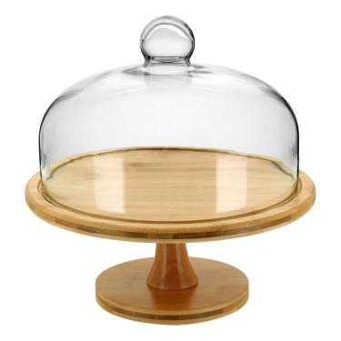 Imagem de PRATO BOLO BOLEIRA COM PÉ TAMPA VIDRO BAMBU 29x29x29cm NATURAL