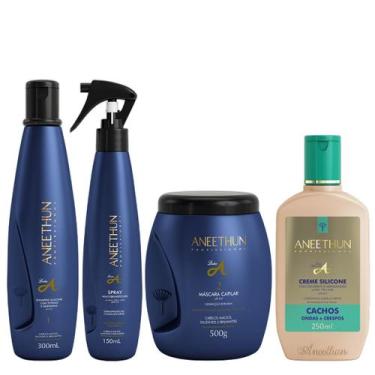 Imagem de Aneethun Linha A Kit Shampoo Máscara Creme de Silicone Cachos e Spray 