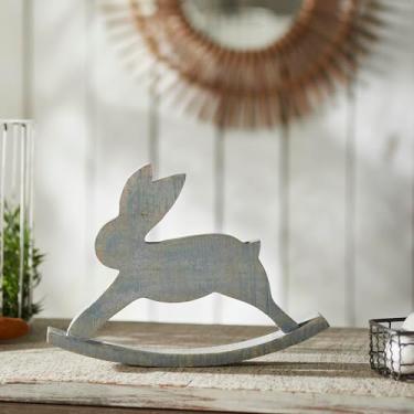 Imagem de VHC Brands Bunny Hop Mini Coelhinho de Madeira Cavalo de Balanço 22 x 28 cm, Decorações de Primavera, Decoração de Casa e Mesa, Estatuetas de Primavera e Páscoa