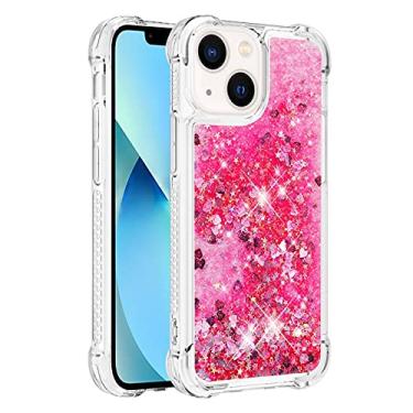 Imagem de Capa de telefone à prova de choque para iPhone 15 com glitter líquido de areia movediça e corações flutuantes, capa de TPU de camada dupla reforçada com 4 cantos, protetor de telefone seguro