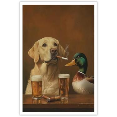 Imagem de Pôster vintage A Labrador Retriever And A Mallard Duck Poster Funny Abstract Animal Canvas Wall Art Retro Animal Smoking Pictures Prints Painting For Home Bedroom Living Room Wall Decor 30 x 40 cm sem
