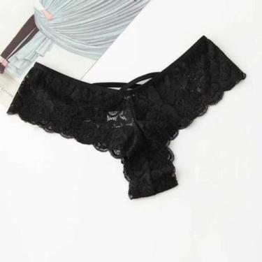 Imagem de Calcinha Tanga com Laços Rendas Bordadas Lingerie Sexy Preta - Master