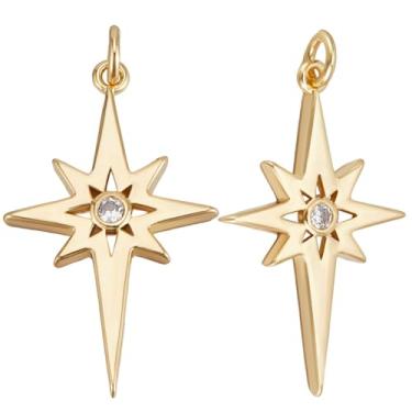 Imagem de Beebeecraft 1 caixa, 8 peças, pingentes de estrela do norte grande, banhado a ouro 18 quilates, pingentes Polaris para fazer joias, colar com pingente, artesanato DIY, 30.5x18.5x2.5mm, Latão banhado a