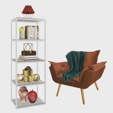 Imagem de Kit Poltrona Fatte com Manta Soft Verde e Estante Livreiro Ferro Branco mdf Marmorizado Cinza Suede Terracota - Ahazzo Móveis
