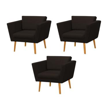 Imagem de Kit 3 Poltronas Retrô Pés Palito em Madeira Paraty Linho Marrom Escuro