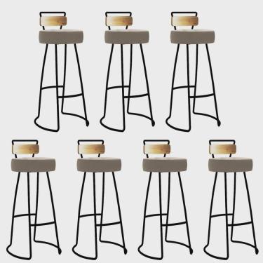 Imagem de Kit 07 Banqueta Alta Alice Bar Balcão Cozinha Com Encosto Madeira Ferro Preto Corino Bege - Ahz Móveis