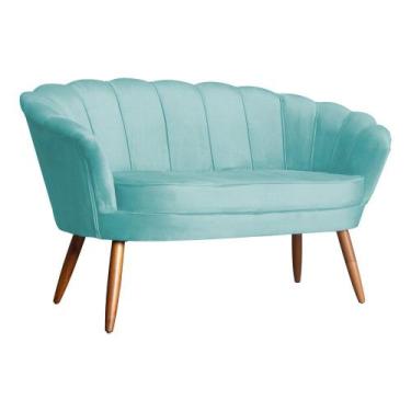 Imagem de Namoradeira Decorativa Pétala Veludo Azul Turquesa Pés Madeira Ms Deco