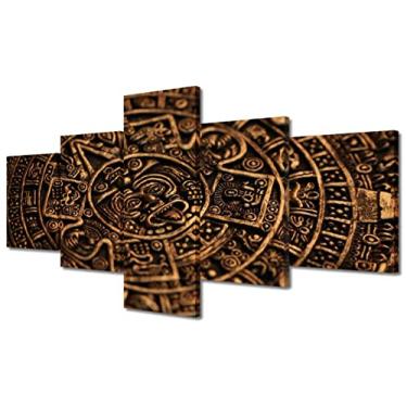 Imagem de 5 peças de arte de parede do México pinturas de calendário solar asteca para decorações de parede Xiuhpohualli imagens em tela giclée modernas impressões em tela emolduradas para escritório sala de