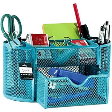 Imagem de Porta-lápis de mesa, suporte de lápis de mesa com 9 grades, caixa de armazenamento multifuncional, suporte de caneta de malha de metal, moderno, durável, compacto, porta-pincéis de papelaria (azul)