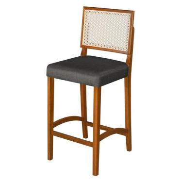 Imagem de Banqueta Alta Pés Em Madeira Maciça Com Encosto em Rattan e Assento Es