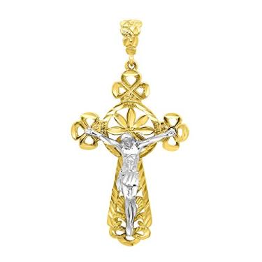 Imagem de Pingente de crucifixo de árvore da vida de dois tons banhado a ouro 14 k da The Bling Factory 40,5 mm x 6,4 cm + microfibra