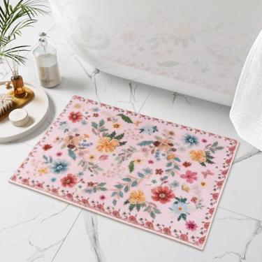 Imagem de Uphome Tapetes de banho para banheiro, tapetes de banheiro rosa fofos, tapete de banheiro ultramacio, antiderrapante, lavável na máquina, tapete de banheiro floral para pia e chuveiro, 45 x 66 cm