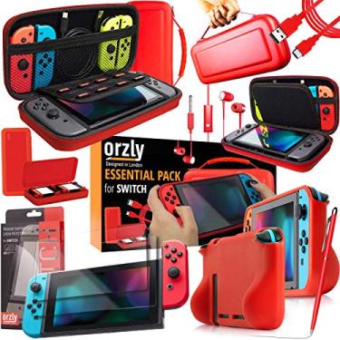Imagem de Pacote de acessórios para interruptor Orzly – Inclui estojo de transporte Orzly para console Nintendo Switch, protetores de tela de vidro temperado, cabo de carregamento USB, capa para interruptores de jogos, capa de aderência confortável e fones de ouvido, Vermelho