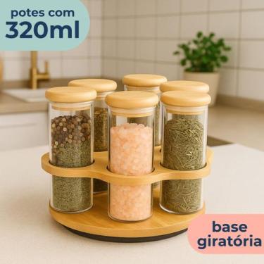 Imagem de Suporte Porta Tempero Bambu com 6 Porta Condimentos em Vidro 320ml - D