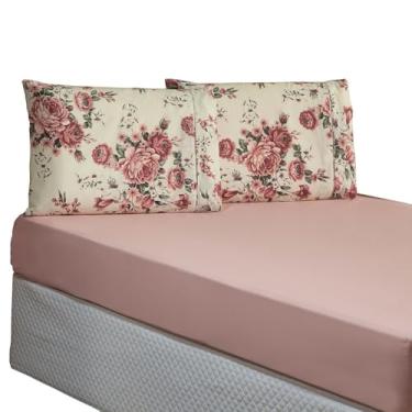 Imagem de Jogo de Cama Casal Padrão 3 Peças Esmeralda 100% Algodão Percal 150 Fios, Fronhas Estampadas detalhe com Ponto Palito (Rosê)