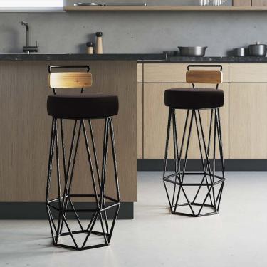 Imagem de Kit 02 Banqueta Com Encosto Botty Hexágono Cozinha Peroba Rosa Ferro Preto Suede Marrom - Amey Decor