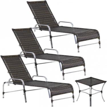 Imagem de 3 Espreguiçadeiras Catar E Mesa Piscina Jardim Regulagem Pedra Ferro
