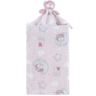 Imagem de Manta Com Naninha Flannel Estampada Para Bebê 75x100 Rosa Urso
