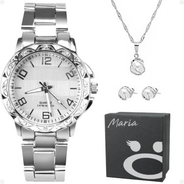 Imagem de Relógio Feminino Aço Inox Strass + Brincos + Caixa Ponteiro Qualidade Premium Original Perola Casual