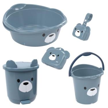 Imagem de Kit Banho Bebê 5 peças Plasútil Bacia Balde Lixeira Decorado (Urso Lúdico)