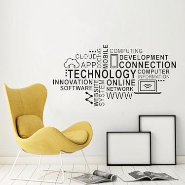 Imagem de Adesivo de parede Technology Word Cloud, adesivo de vinil com tema moderno de rede de computadores, 42 x 83 cm, sala de estudo, escola, decoração de parede TM-146 (preto)