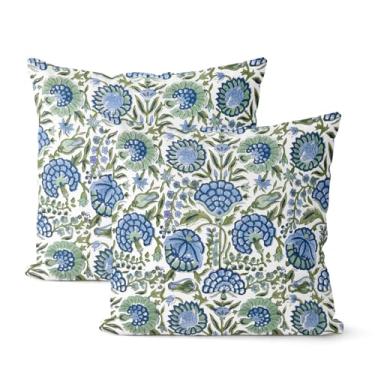 Imagem de GOLIANDA Conjunto de 2 fronhas boêmias, azul marinho, 45,7 x 45,7 cm, estampa floral, vintage, verão, decoração de casa de fazenda, capa de almofada de algodão para sofá-cama