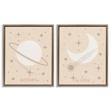 Imagem de Stupell Industries Conjunto de tela flutuante marrom minimalista Saturno e Lua 2 peças por Daniela Santiago, 17 x 21